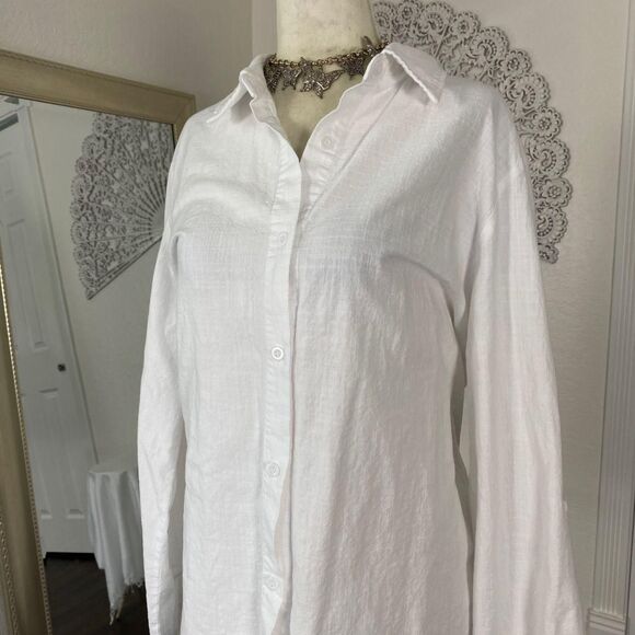 Preppy Boho White Cotton Button Up Long Sleeve Oversized Blouse Top L - Picture 3 of 7